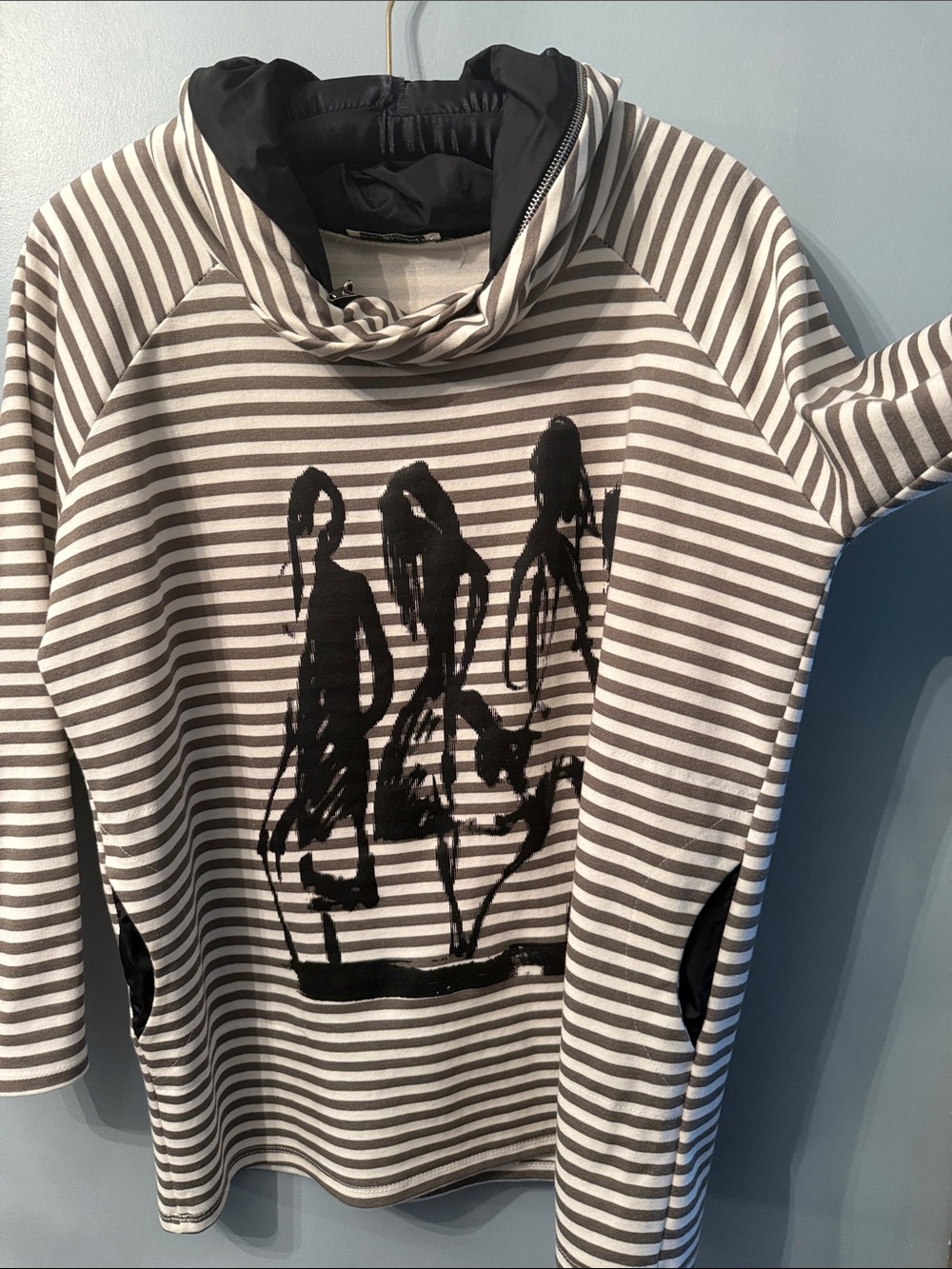 Beige & Black Striped Hoodie Sweatshirt with Abstract Graphic.Oversized fit S-XL